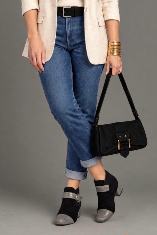 Women's slate gray and pitch black front-buckle ankle boots with round toe and low flared heel - Worn view